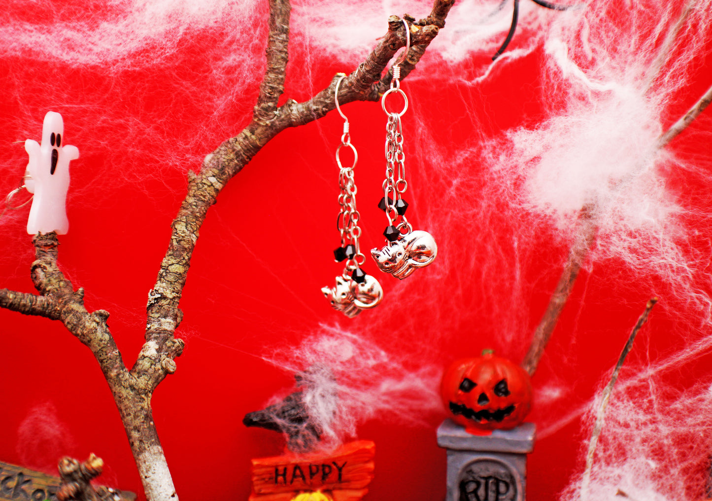 Silver Cat Dangle Earrings