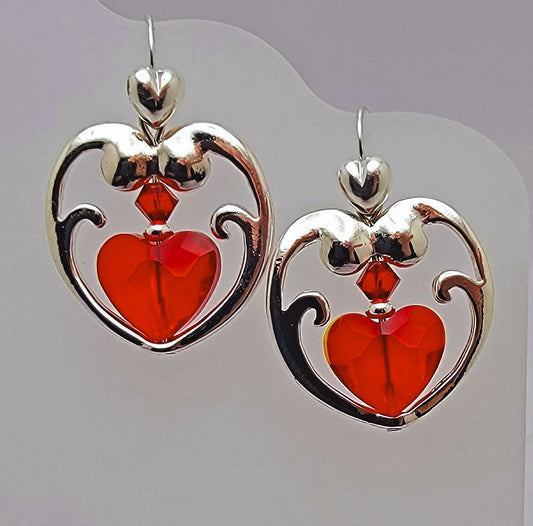 Large Silver & Red Open Heart