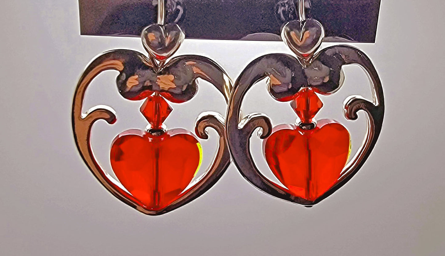 Large Silver & Red Open Heart