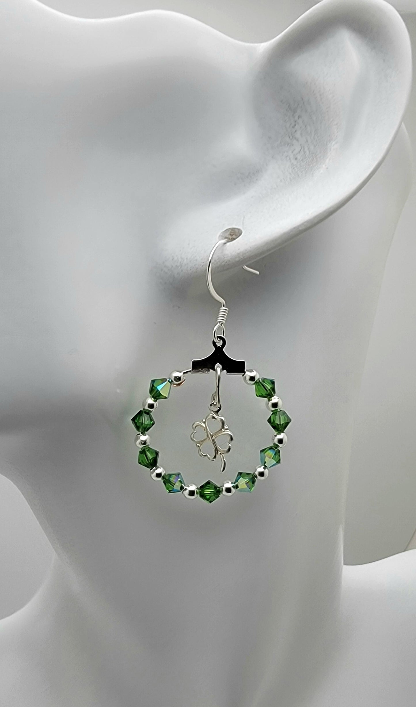 Silver 4 Leaf Clover and Fern Green Crystal Passion Hoops