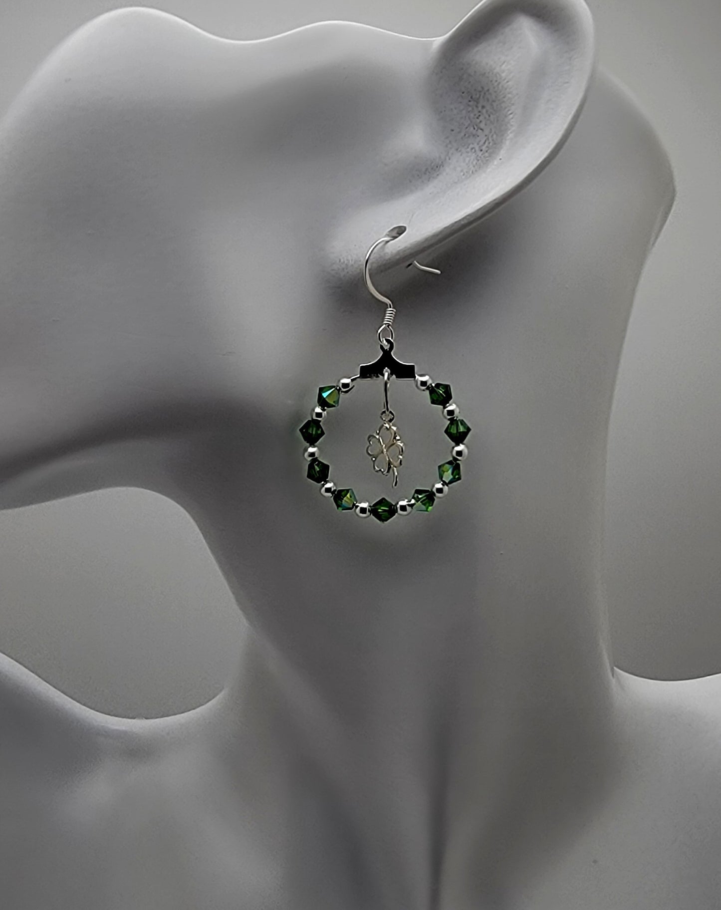 Silver 4 Leaf Clover and Fern Green Crystal Passion Hoops