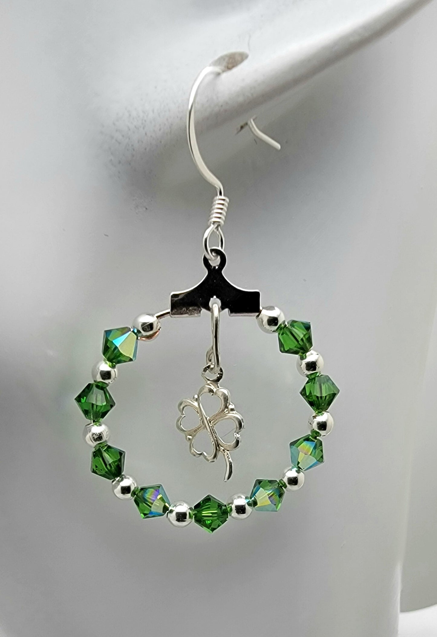 Silver 4 Leaf Clover and Fern Green Crystal Passion Hoops