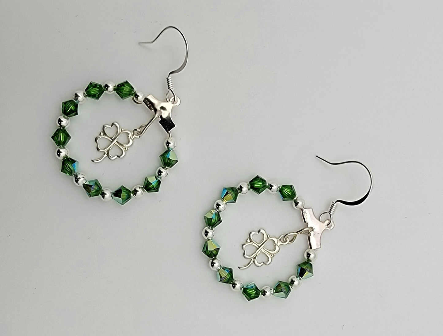 Silver 4 Leaf Clover and Fern Green Crystal Passion Hoops