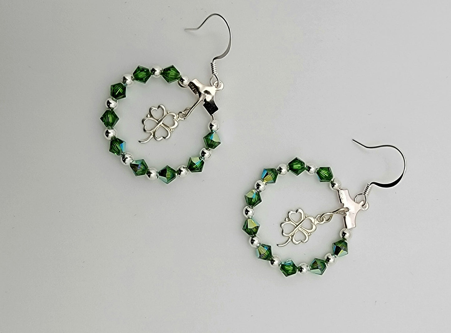 Silver 4 Leaf Clover and Fern Green Crystal Passion Hoops