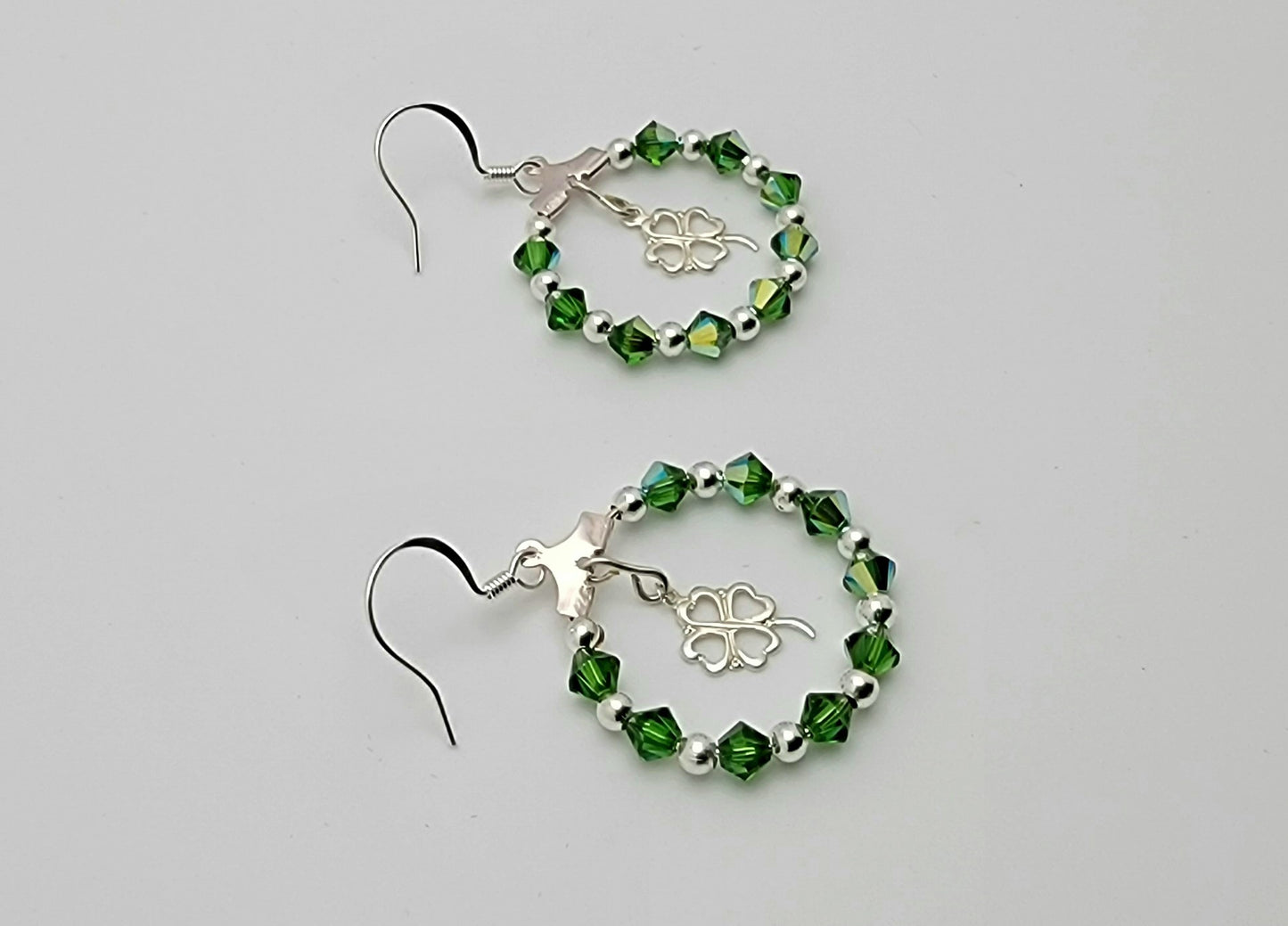 Silver 4 Leaf Clover and Fern Green Crystal Passion Hoops