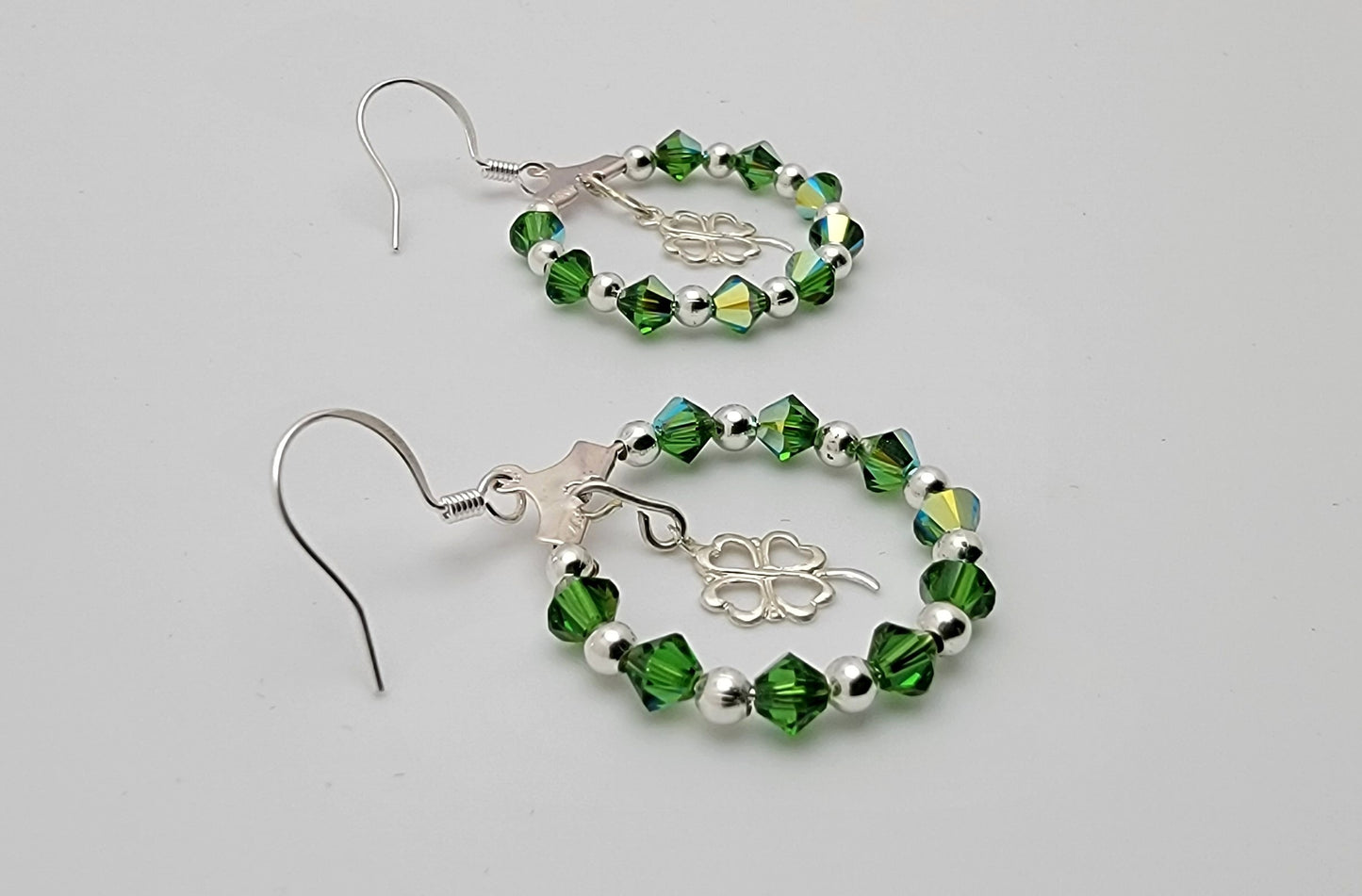 Silver 4 Leaf Clover and Fern Green Crystal Passion Hoops