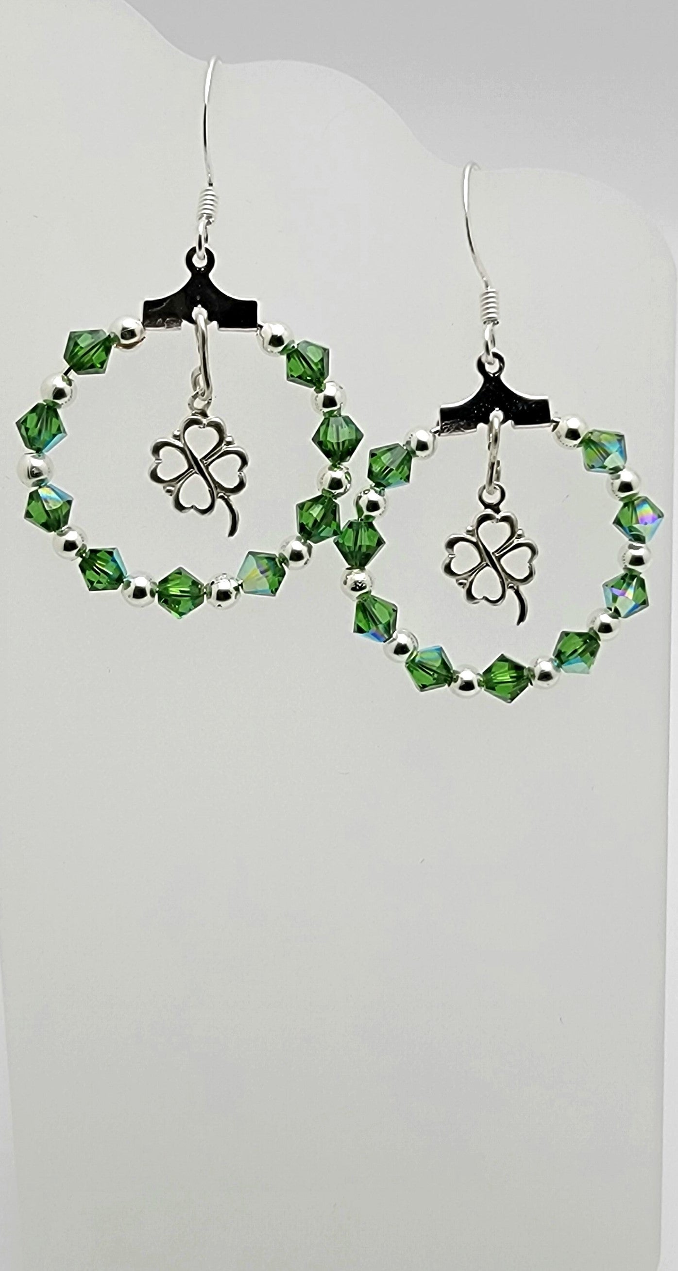 Silver 4 Leaf Clover and Fern Green Crystal Passion Hoops