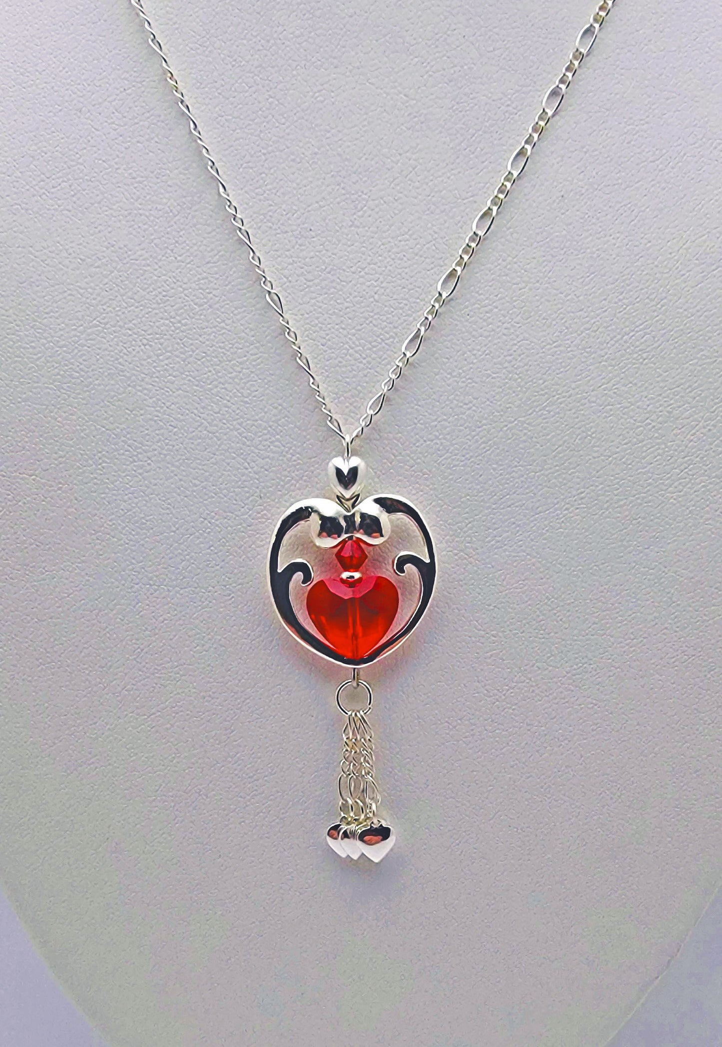 Large Silver & Red Open Heart Necklace