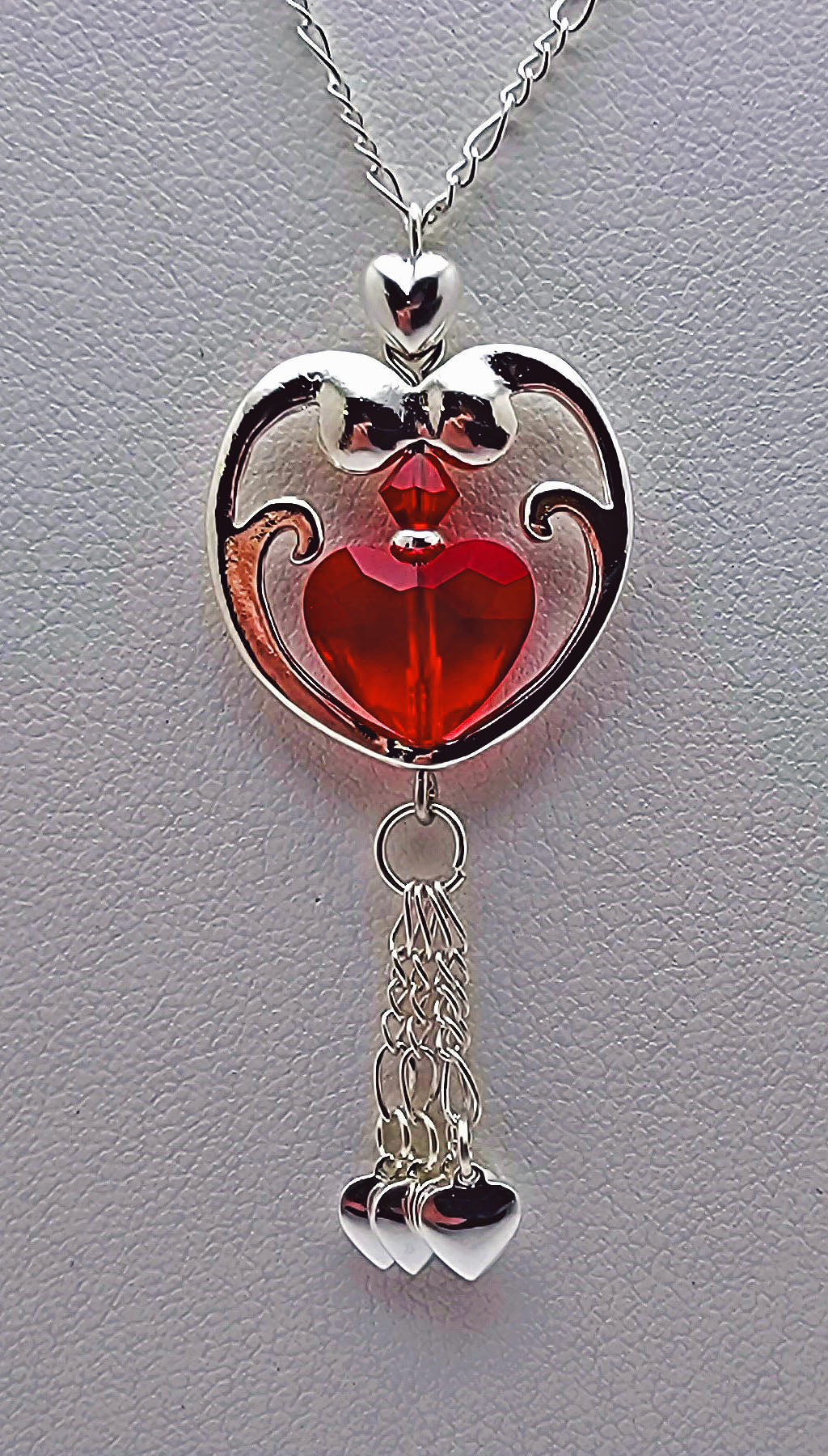 Large Silver & Red Open Heart Necklace