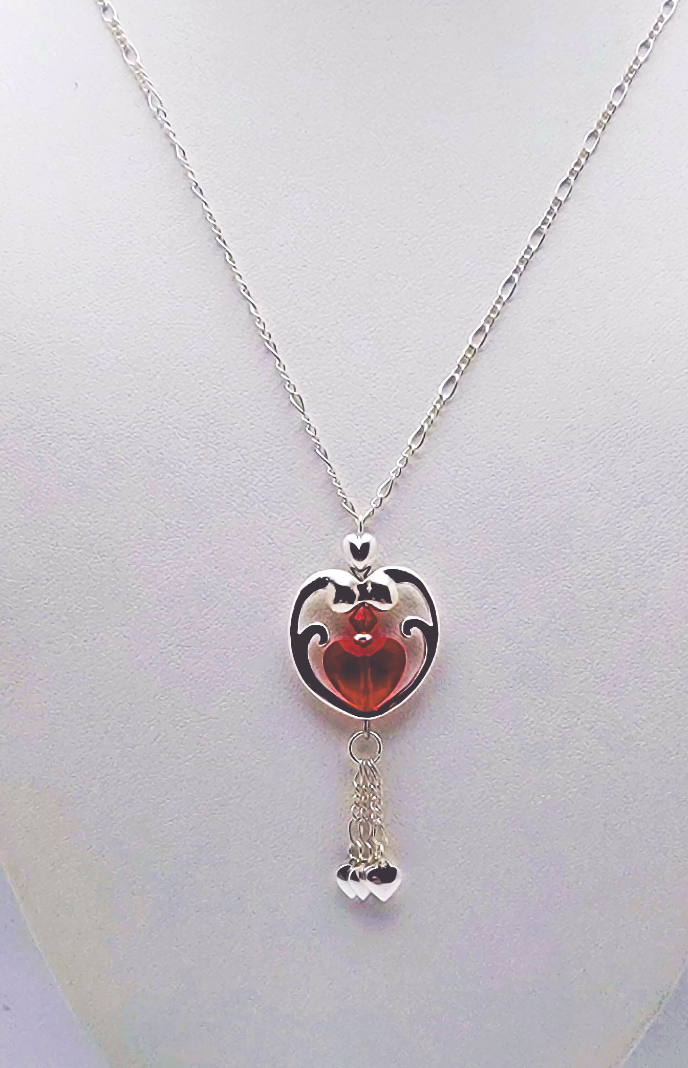 Large Silver & Red Open Heart Necklace