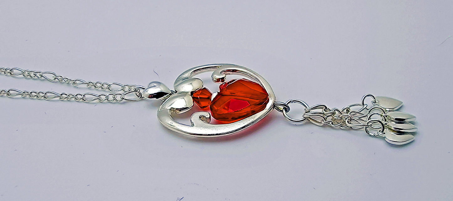 Large Silver & Red Open Heart Necklace