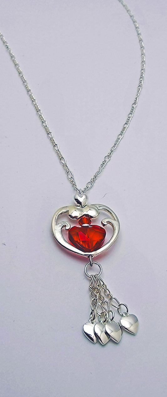 Large Silver & Red Open Heart Necklace