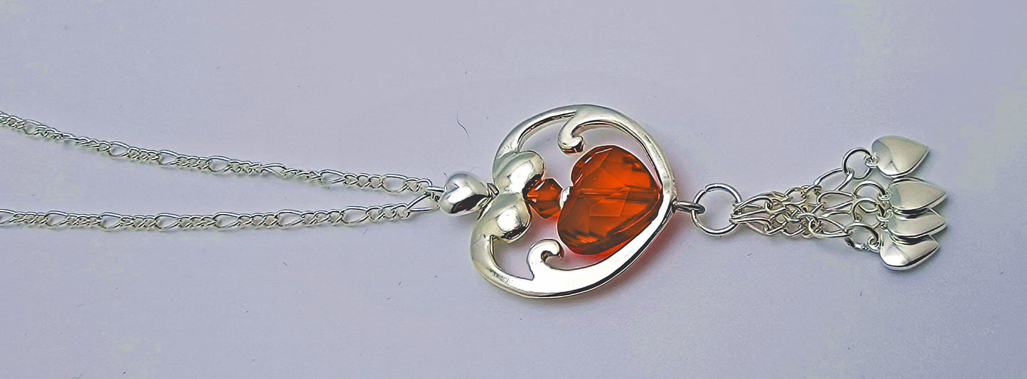 Large Silver & Red Open Heart Necklace