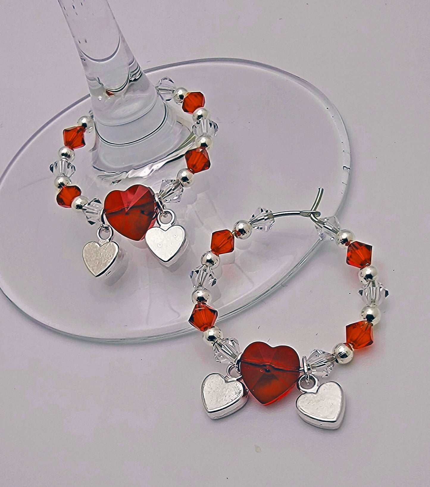 Red Crystal and Silver Heart Wine Charm